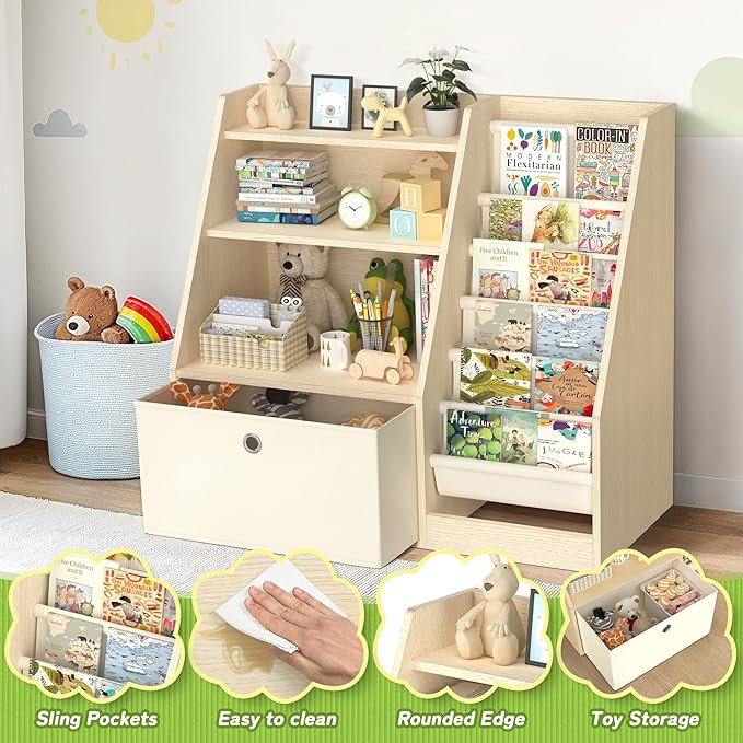 TOETOL Kids Bookshelf & Book Storage，6 Sling Wooden Toddler Book Shelf，3-Tier Wooden Open Bookcase & Storage Organizer Boxes for Nursery, Playroom, Bedroom