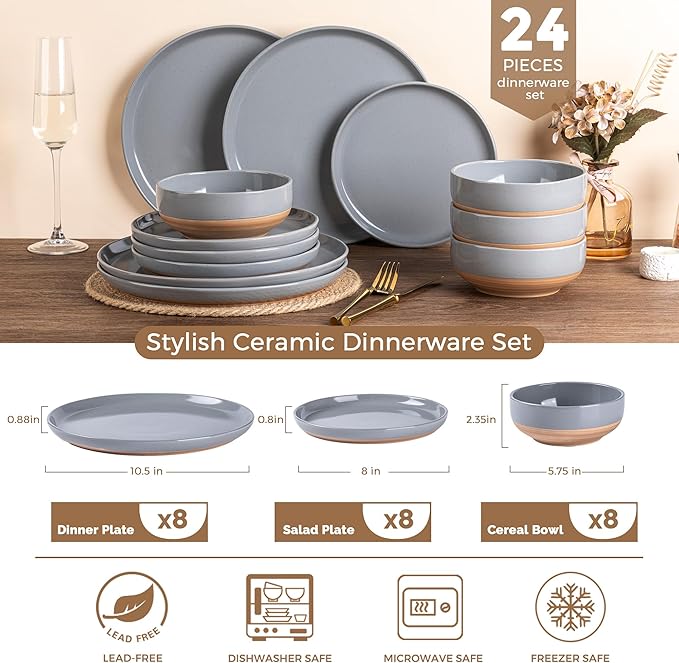 AmorArc Ceramic Dinnerware Sets for 8, 24 Pieces Handpainted Plates and Bowls Set with Rustic Terracotta Underside, Scratch Resistant Stoneware Dishes Set, Dishwasher & Microwave Safe