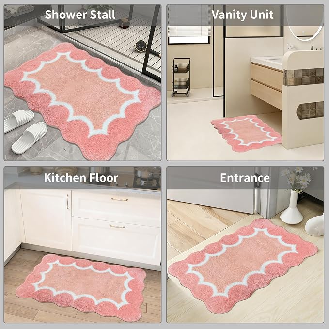 Cute Scalloped Coral Pink Bathroom Rugs Mat,Non Slip Absorbent Quick Dry Bath Mats for Shower Room,Plush Microfiber Bath Rug for Bathroom Floor Washable Carpet for Tub Sink Bedroom,20"x32"
