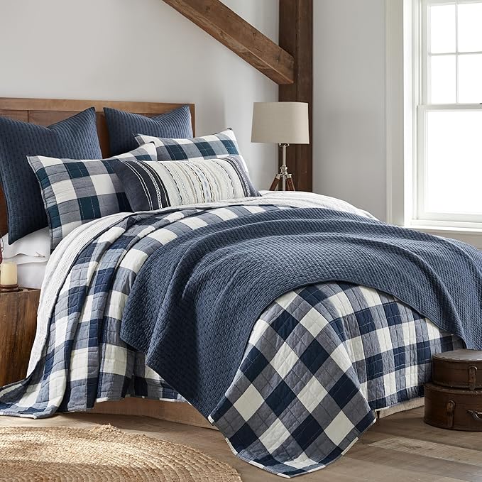 Levtex Home Cross Stitch Reversible King/Cal King Quilt Set (106x92in) and 2 Pillow Shams (36x20in) - Stitch Texture - Navy - Cotton King Size Quilt Bedding Set - Lightweight Soft Pre-Washed
