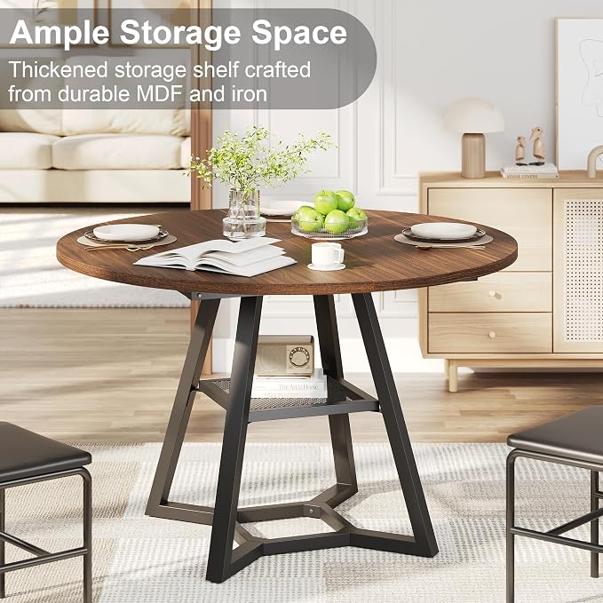 knoworld 47" Round Dining Table for 4, Kitchen Tables Dining Room Circle Dinner Table with Pedestal Metal Frame, Space Saving Wood Industrial Kitchen & Dining Room Tables, Walnut 47In