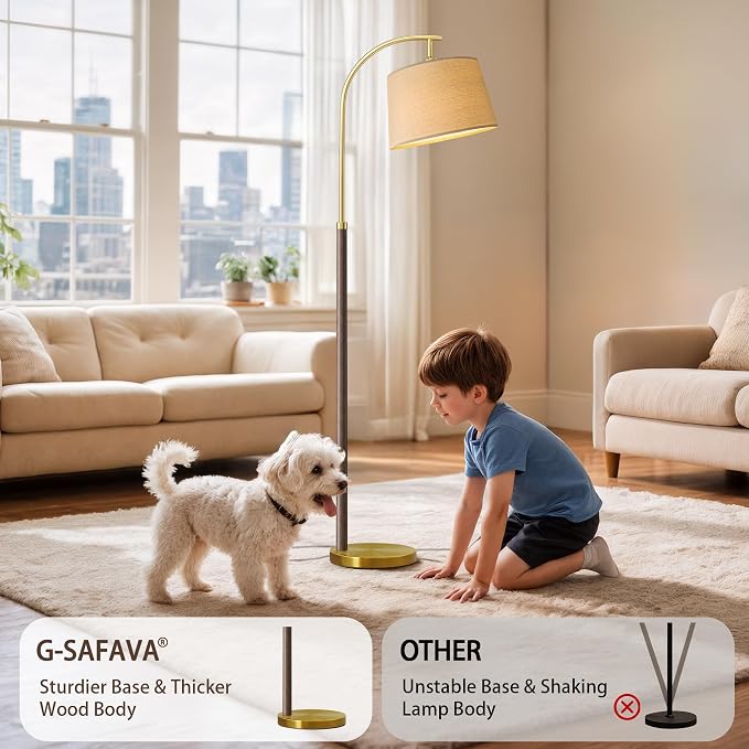 G-SAFAVA 63" Wood Floor Lamps for Living Room with Foot Switch Arc Tall Standing Lamp for Bedroom Mid Century Modern Corner Gold Floor Lamps for Office Nursery Industrial Reading Lamp, Walnut Brown
