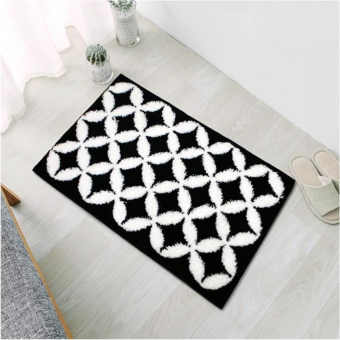 Civkor Black and White Bathroom Rug Non Slip Washable, Tufted Bath Mat for Bathroom with TPR Backing, Quick Dry Fluffy Microfiber Piles, Super Water Absorbent Thin Bath Rug Fit Under Door, 31x20Inch