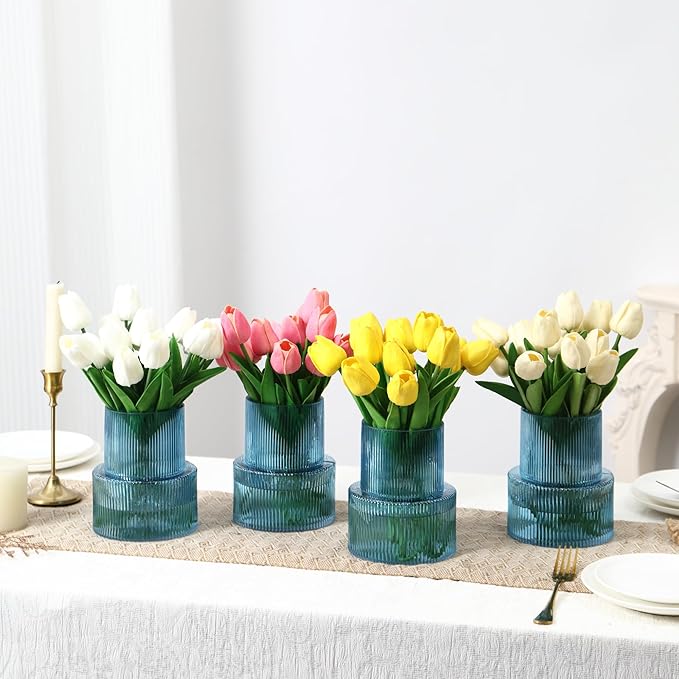 Ribbed Glass Vases, Set of 4 Small Vases for Flowers, Blue Glass Vase for Tulips, Modern Vase for Living Room, Kitchen, Office, Entryway, Bookshelf, Wedding Gifts, Birthday, 6 Inches