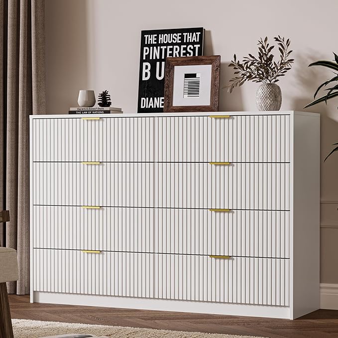 White Dresser for Bedroom, 8 Drawer Double Dresser, Modern Chest of Drawers for Bedroom, Living Room, Entryway and Closet, 55" L x 15.7" D x 37.4" H