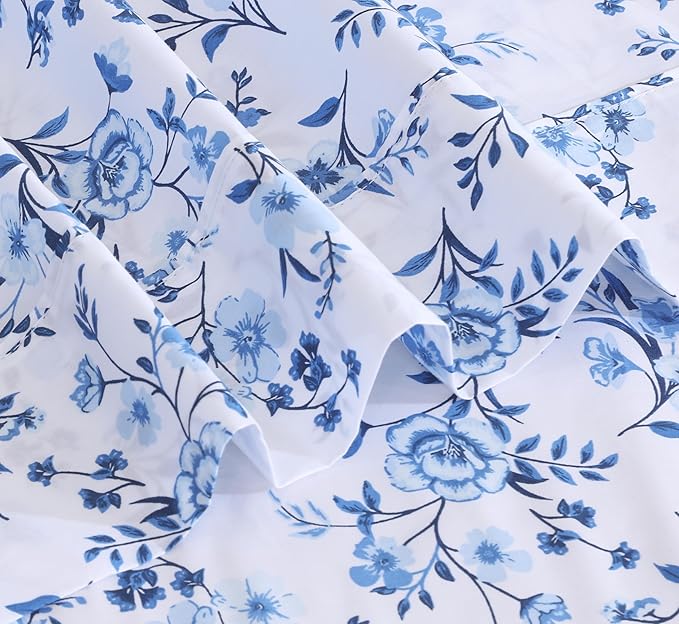RUVANTI 100% Cotton Sheets Queen Size Set, 4 Pieces, Soft & Breathable Percale Weave Bedding, Deep Pocket 16", Hotel Standard, Crisp Cool Feeling, Durable, Perfect Floral Bed Sheet, Annual