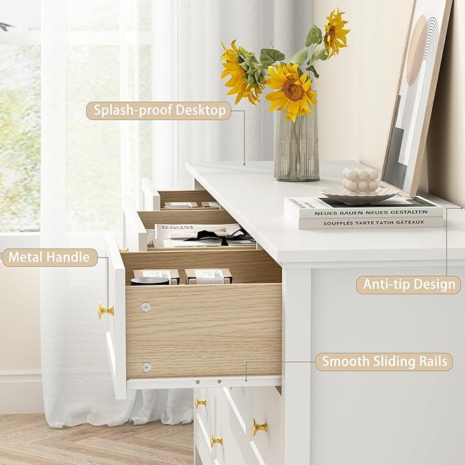 White 9 Drawers Dresser for Bedroom, 59'' Large Wood Dresser with Gold Handles, Modern Wide Chest of Storage Drawers for Hallway, Living Room