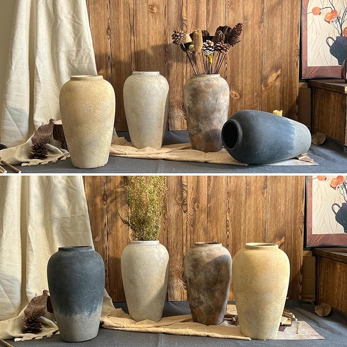 12 Inch Rustic Ceramic Vase, Black Flower Vases for Centerpieces, Farmhouse Decor for Living Room, Entryway & Kitchen, Vintage Pottery Vase for Wedding Gifts
