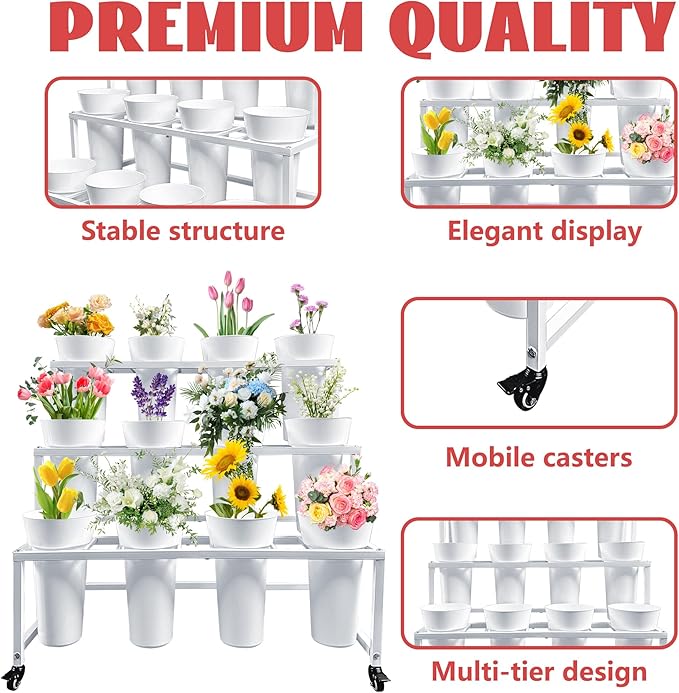 PROLEE Flower Display Stand with 12 Buckets, Flower Cart 3 Layers, Flower Stand Metal with Wheels, Moving Florist Bouquet Shelf, Rectangular Rack (White)