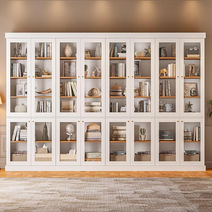 Vyre 70.8" Bookshelf with Glass Doors, Farmhouse Modular Bookcase with 6-Tier Adjustable Shelves, Large Storage Cabinet for Living Room & Home Office, White