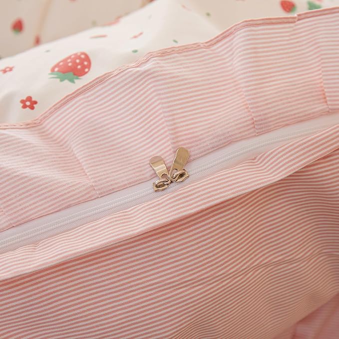 HighBuy Strawberry Comforter Set King Size Pink and White Ruffled Bedding Comforter with 2 Pillowcases Kawaii Reversible Striped Comforter Set Lightweight and Cozy for College Girl