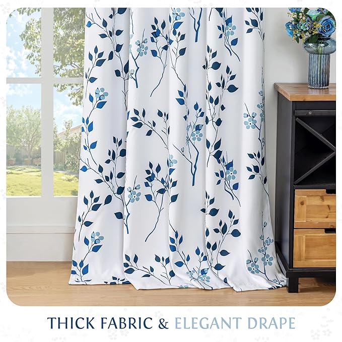 Beauoop Floral 100% Blackout Curtains 54 Inch Length 2 Panels for Bedroom Living Room Navy Blue and White Flower Patterned Room Darkening Thermal Soundproof Grommet Window Treatments Drapes, 52X54