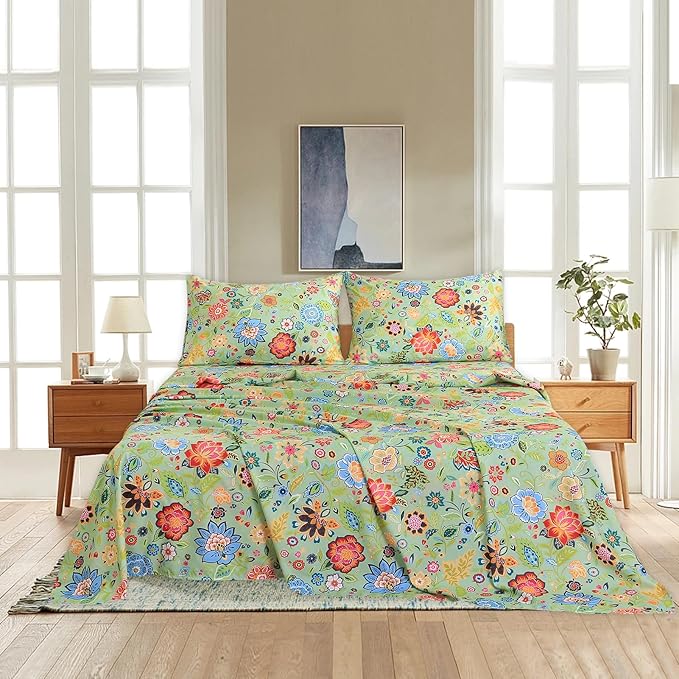 Bedlifes Queen Sheet Set Ultra Soft, Breathable, Silky Flower Deep Pocket 100% Microfiber Bedding, 4 Piece Queen Size with Floral Sage Green