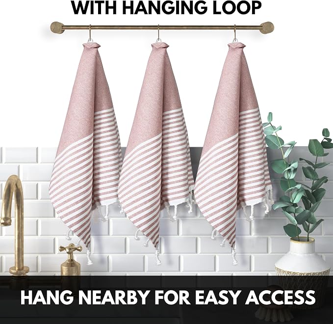 Turkish Kitchen Towels 18x26 Inches with Tassels - 4 Pack - Absorbent, Durable, Soft 100% Cotton Dish Towels for Drying & Cleaning - Machine Washable, Quick Dry - Rust