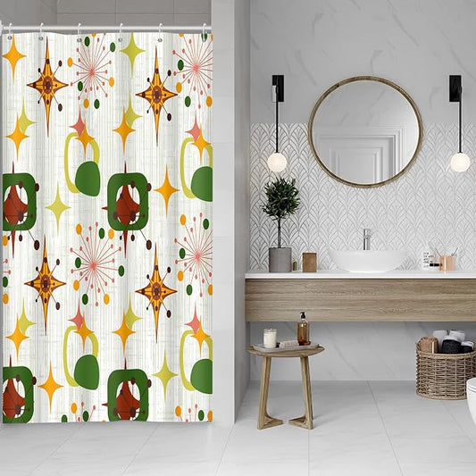 Mid Century Shower Curtain, 48x72inch, Modern Abstract Retro Green Striped Geometric Shower Curtain Sets 1950s Boho Bathroom Shower Curtain with 8 Hooks