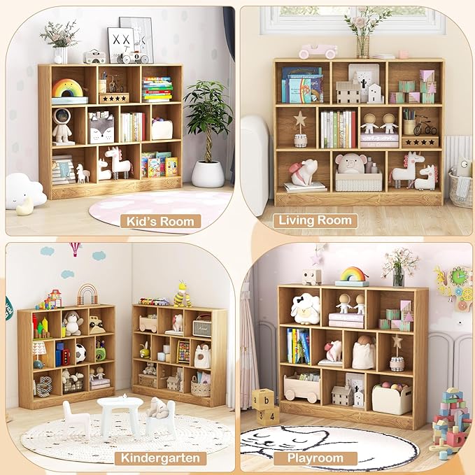 HONEY JOY Kids Toy Storage Organizer, 10-Section Wooden Floor Storage Cabinet, 41” Daycare Toy Chest, 3-Tier Kids Display Bookshelf for Classroom, Playroom & Nursery, Kindergarten (Natural)
