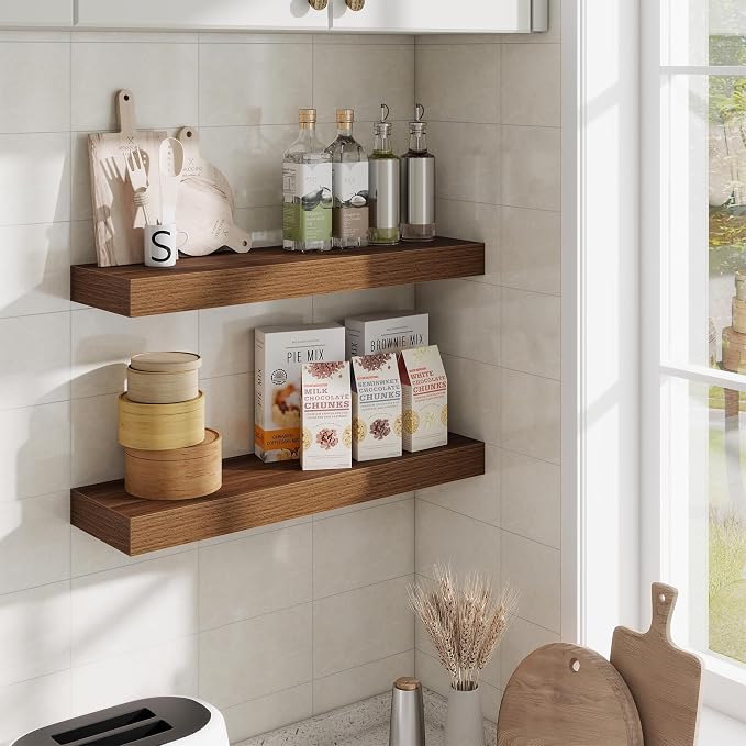 Fun Memories Floating Shelves Set of 2, 24 Inch Floating Shelves for Wall, Wood Wall Shelves with Invisible Brackets, for Bathroom, Bedroom, Living Room, Kitchen, Walnut