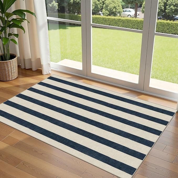 Blue and White Striped Entry Rug - 3x5 Ft Washable Indoor Outdoor Front Door Mat Outside Entrance Front Porch Mat Non-Slip Floor Carpet for Bedroom Entryway Kitchen Office Porch Decor