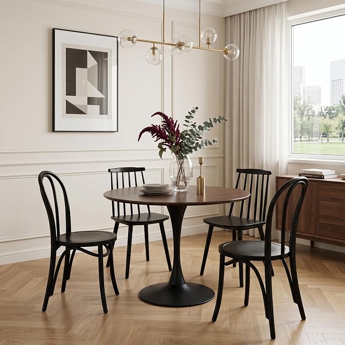 Walnut Round Dining Table, 31.5" Modern Kitchen Table with Pedestal Metal Base, Mid Century Tulip Table for Small Spaces, Apartment, Living Room, Coffee & Breakfast Nook Table, Black Base