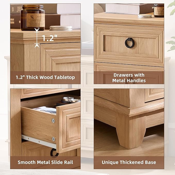 18" Farmhouse Night Stand with 3 Drawers, Wood End Table for Bedroom, Natural Wood Nightstand, Bed Side Table with Metal Handle, Bedside Cabinet for Bedroom Living Room