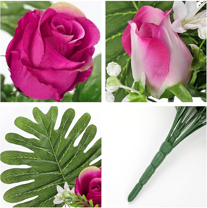 Hollyone Set of 2 Artificial Cemetery Flower for Graves Red Rose Cemetery Memorial Flowers for Outdoor Grave Decorations Silk Flower Arrangements Floral Flowers Bouquets