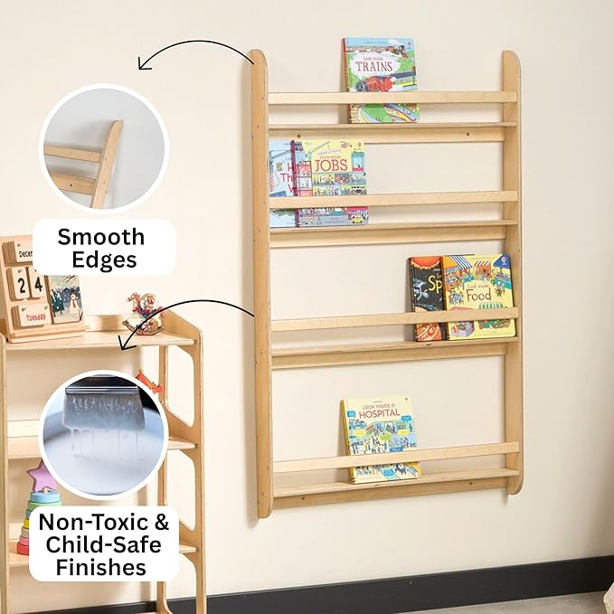 Montessori Wall-Mounted Bookshelf for Toddlers Toy Storage Shelf Organizer for Playroom and Classroom Floor Bookshelves for Kids Room (Natural, XL, 4)