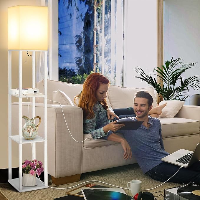 Mlambert Modern Shelf Floor Lamp with Wireless Charger & Fast Charging USB Ports & Type C Port & 2 Power Outlets,3 Tier Storage Lamp for Bedroom,White