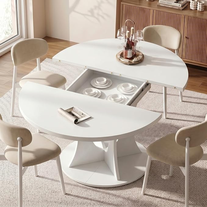 Einhomn 43-59" Extendable Round Dining Table, Kitchen Table for 4-8, Farmhouse Circle Dining Room Table with Removable Leaves, Hidden Storage, Space Saving Wood Kitchen & Dining Room Furniture, White