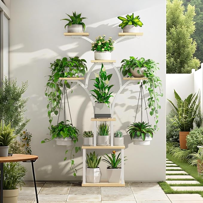 Elbourn 8 Tiered 60" Plant Stand Indoor Shelf with 3 Grow Lights (White) | Corner Shelf Decor