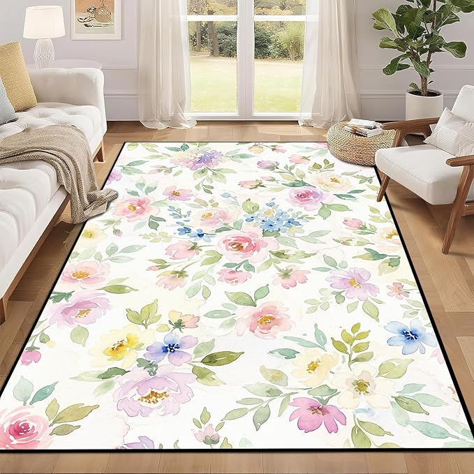 Watercolor Floral Rug 2'x3' Soft Pastel Botanical Area Rug for Entryway Bedroom Living Room Nursery Kitchen Playroom Home Decor Low Pile Non-Slip Washable Carpet