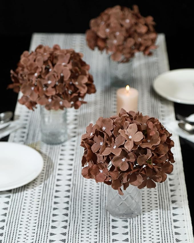 DuHouse Artificial Hydrangea Silk Flower Heads with Stem Fake Hydrangea Flowers for Wedding Home Garden Centerpiece Pack of 6(Mocha Brown)