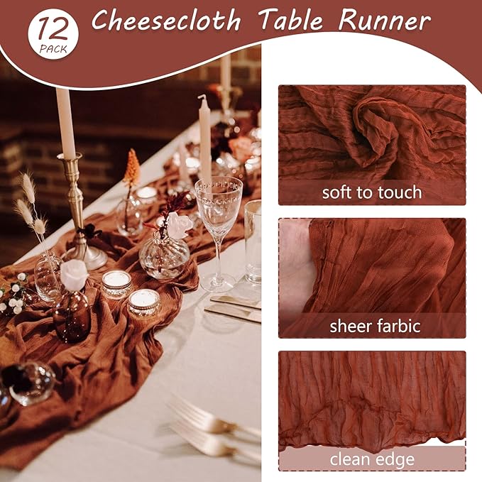 12 Pack 13Ft Cheesecloth Table Runner 35x157 Inch Boho Gauze Table Runner Cheese Cloth Long Rustic Table Runners for Wedding Bridal Shower Birthday Party Table Decor (Terracotta)