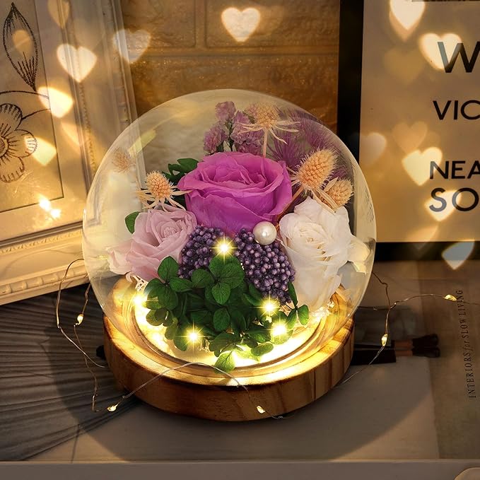 Eternal Rose Flowers, Unique Rose Preserved Flower Rose Gifts in Glass Dome for Women, Mom, Girlfriend,Home Decor Gifts for Birthday, Anniversary, Christmas, Wedding.