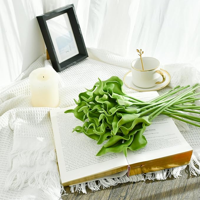 Mandy's PU Green Calla Lily Artificial Flowers 20 Stems 13.5in Faux Realistic Centerpiece for Thanksgiving and Christmas Decorations DIY Bridal Bouquet Home Décor