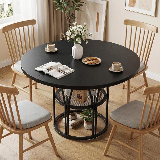Garvee Round Dinning Table for 4-6 - 47" Circle Dinner Table with Storage Shelf & Sturdy Metal Frame, Modern Breakfast Tea Desk for Kitchen, Living Room, Apartment, Office, Black