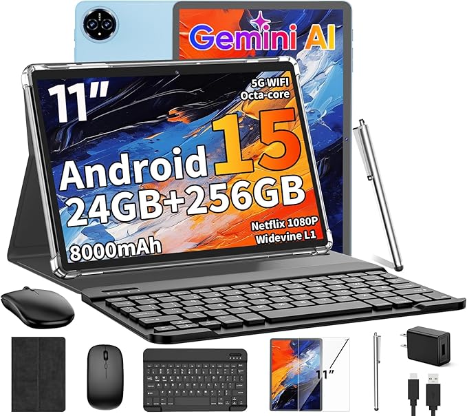 2026 Android 15 Tablet, 11 inch Tablet with Keyboard, 24GB+256GB+2TB Expand, Octa-Core, 8000mAh, Gemini AI Tablets PC with 5G/2.4G WiFi, BT5.0, GPS, 2 in 1 Tablets with Case, Mouse, Stylus(Black)