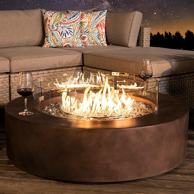 COSIEST Outdoor Propane Fire Pit Coffee Table w Bronze 42 inch Round Base Patio Heater, Certified, 50,000 BTU Stainless Steel Burner, Wind Guard, Transparent Gray Fire Glass, Waterproof Cover