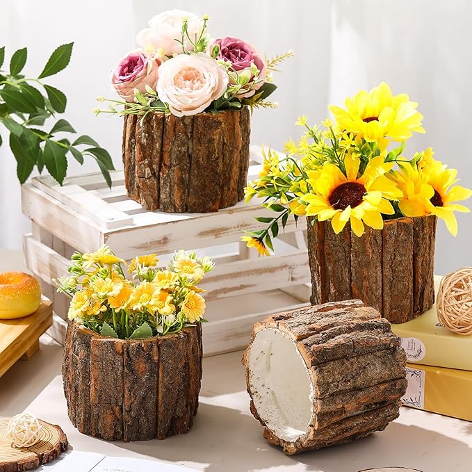 3 Pcs Wooden Vase for Centerpieces Christmas Table Decor Wooden Flower Vase Rustic Bark Stump Buckets Vintage Wood Planter Pots for Xmas Woodland Party Wedding Window Home Farmhouse (Large)