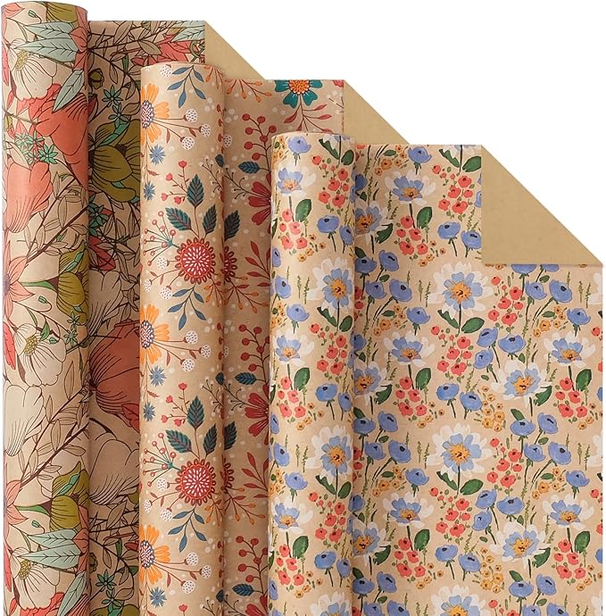 Aimyoo Kraft Floral Wrapping Paper Roll - 3 Rolls- 30 Inch x 10 Feet Per Roll - All Occasion Vintage Flower Gift Wrap Paper for Mother's Day Wedding Birthday Bridal Shower