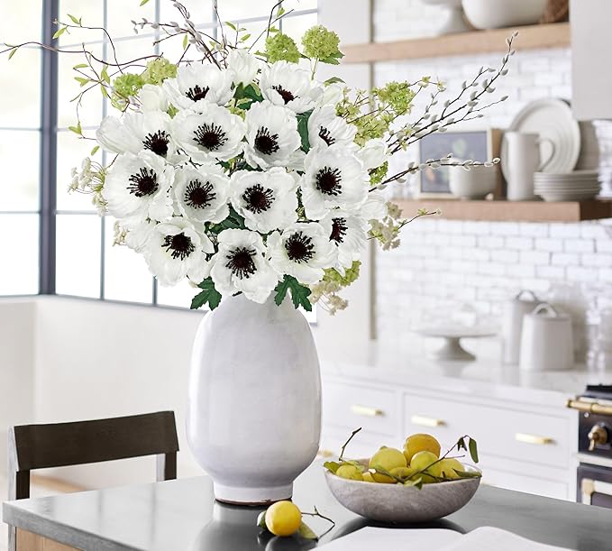 Hollyone 10 Heads White Poppy Flowers Artificial 2Pcs Fake Poppies Flowers Bouquets with 7 Heads Full Bloom Poppy & 3 Buds Bouquet Stems Spring Sumer Faux Floral Flower Arrangement for DIY Home Decor