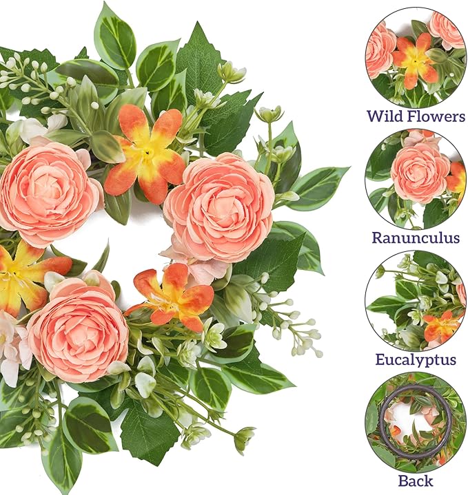 WELL KNOWN 2 Pcs Mini Spring Floral Candle Rings Wreaths for Pillars Home Table Window Decor, 9 Inches Artificial Flower Cabinet Wreath for Kitchen Farmhouse Wedding Party (Peach Ranunculutus)