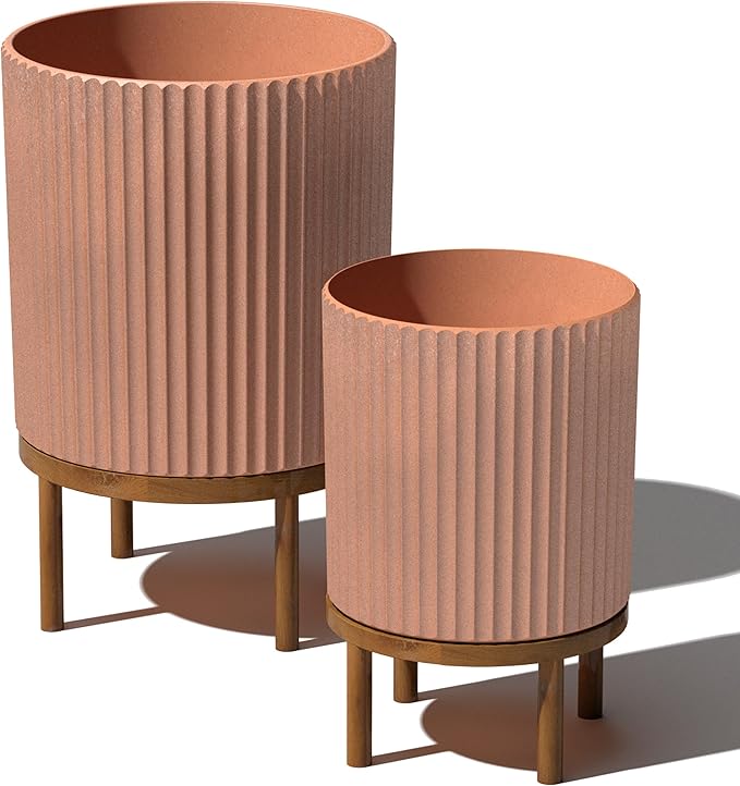 Veradek Demi Series Round Planter w/Stand for Porch/Patio | Durable Plastic-Stone Composite & Wooden Stand | Modern Décor for Tall Plants, Flowers