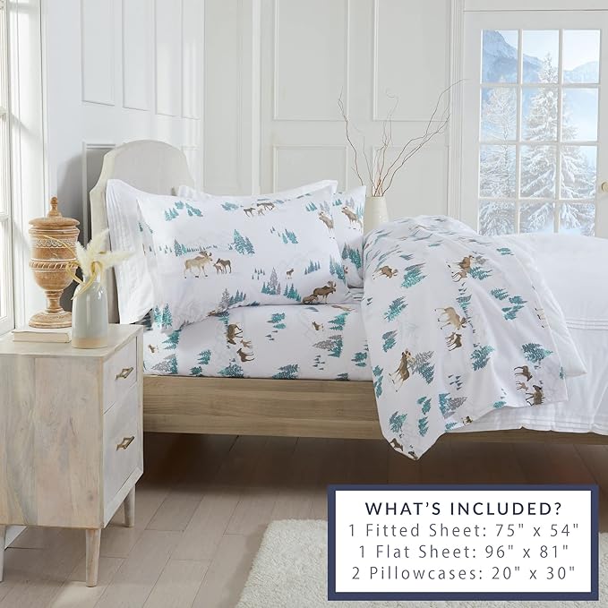 Market & Place 100% Turkish Cotton Flannel Sheet Set | 4 Piece Deep Pocket Novelty Cozy Winter Bed Sheets | Double Brushed for Extra Softness & Comfort | Alpine Collection (Full, Moose)