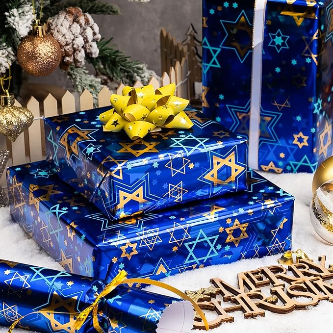 MAYPLUSS Hanukkah Wrapping Paper Roll - 17In * 32.8 Ft - Navy Blue Star of David Gift Wrap Present Paper with Metallic Foil Design for Chanukah Jewish Festival, Christmas, Party, Holiday & DIY Craft