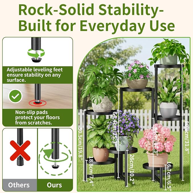 7 Tiers Plant Stand Indoor for Multiple Large Planter, Tall Tiered Folding Plant Rack Outdoor with Rustproof 10 Inch Wide Tray, Plant Shelf for Corner Living Room - BlackDisk