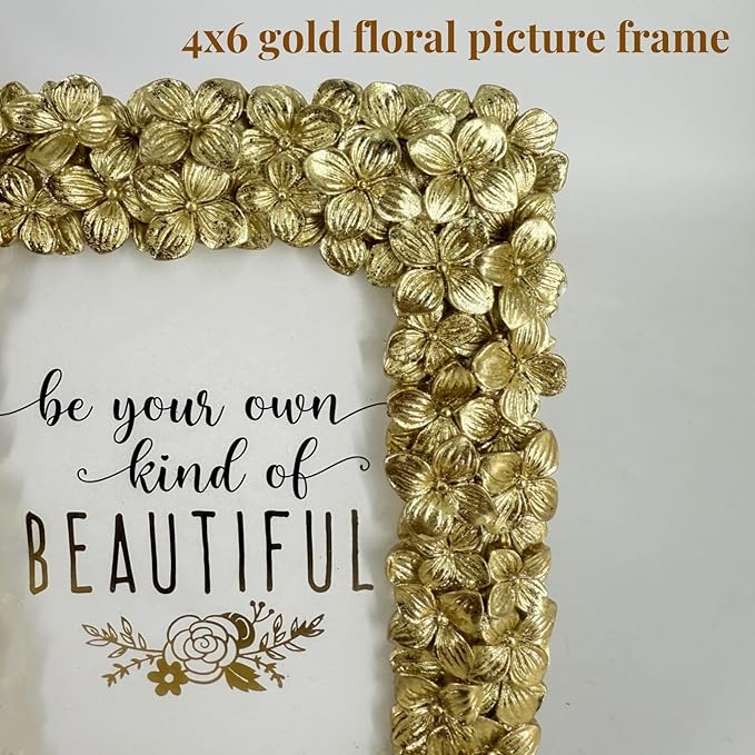4x6 Ornate Gold Picture Frame Embossed Flowers Retro Resin Photo Frames 4 x 6 Floral Home Decor for Tabletop and Wall with Glass Front(Gold)