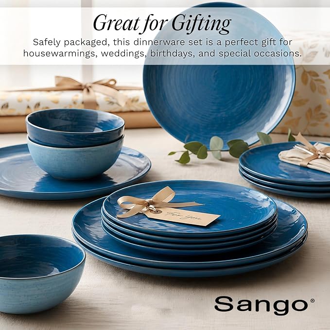 Sango Siterra Artist's Blend 16-Piece Stoneware Dinnerware Set – Service for 4, Ocean Blue Glossy Glaze with Unique Speckled Design, for Everyday Dining & Entertainment, Microwave & Dishwasher Safe