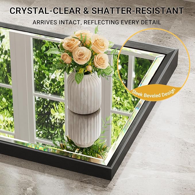 Black Framed Rectangle Beveled Full Length Mirror 16x60 Inch, Anti‑Rust Standing or Wall Mounted Full Body Mirror for Bedroom, Living Room, Entryway, Bathroom Wall