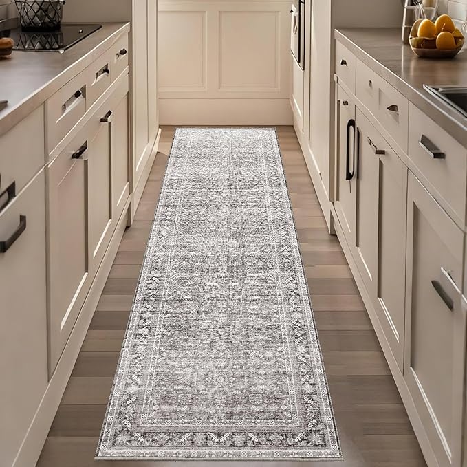 OPPODREAM Vintage Grey 2x8 Runner Rug, 2 x 8 Retro Washable Rug Non Slip, Low-Pile Faux Wool Carpet, Distressed Gray Floor Mat for Kitchen, Hallway, Entry-Way, Entrance, Indoor Back Door