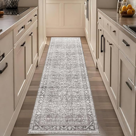 OPPODREAM Vintage Grey 2x8 Runner Rug, 2 x 8 Retro Washable Rug Non Slip, Low-Pile Faux Wool Carpet, Distressed Gray Floor Mat for Kitchen, Hallway, Entry-Way, Entrance, Indoor Back Door